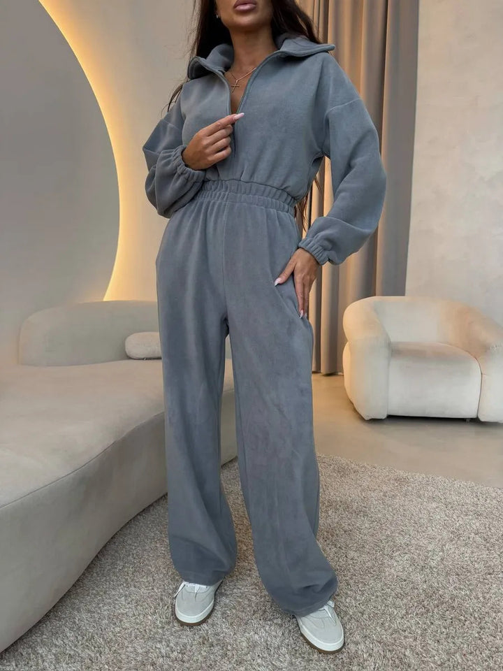 Kvinders elegante fleece jumpsuit med høj krave og elastisk talje Skovae