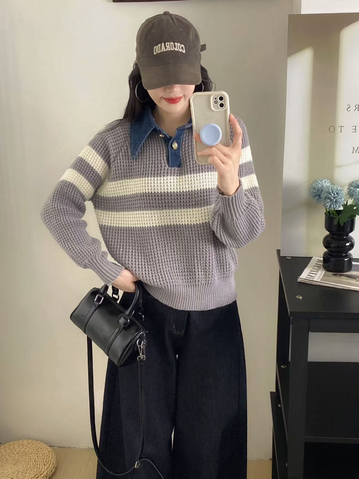 Kvinders afslappede strikket sweater med krave og stribet design Stilla