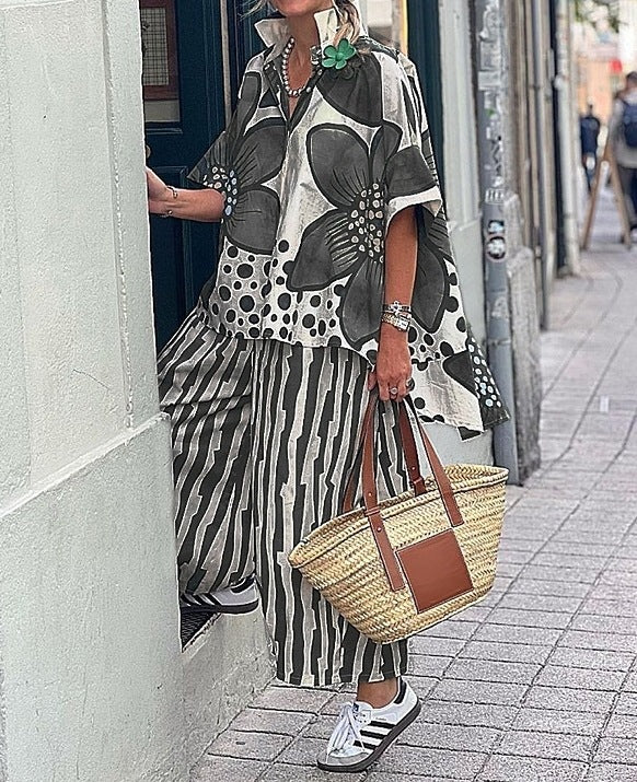 Dame Stilfuldt Floralprint Poncho og Bred-Bukser Sæt Stilla