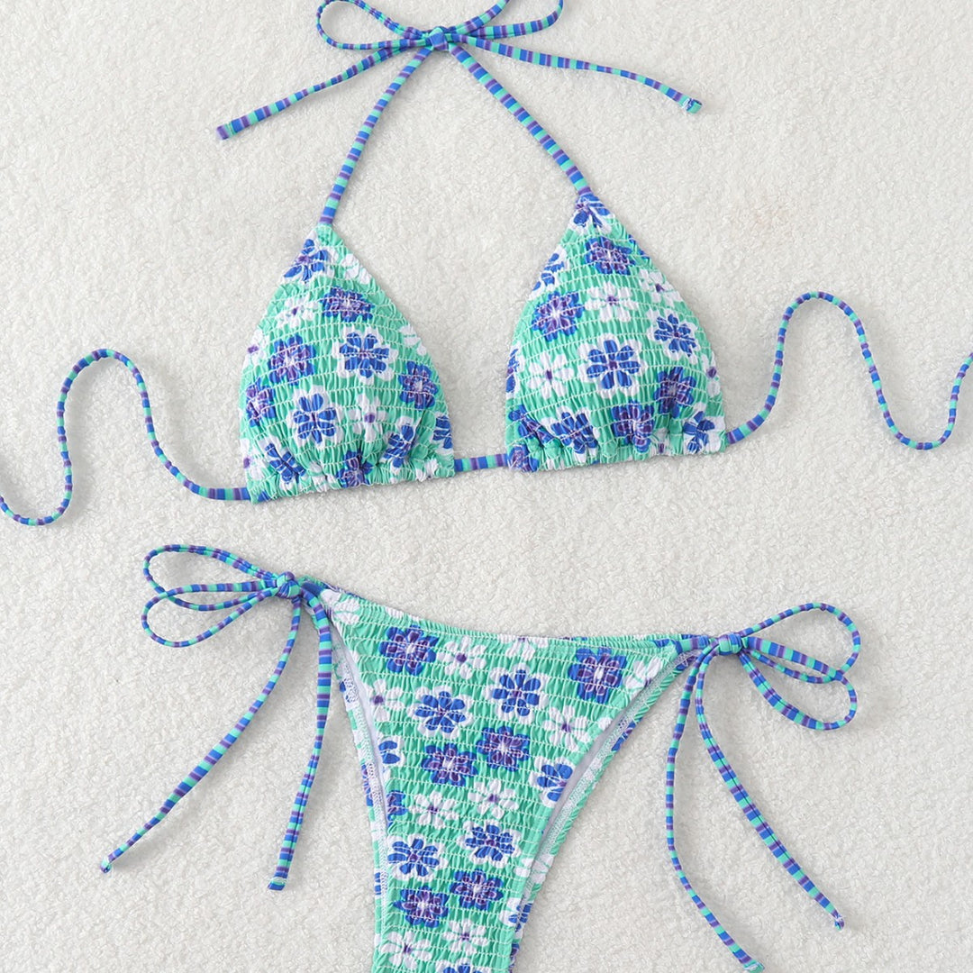 Dame triangel-bikini med legende blomsterdesign og elastiske stropper Skovae