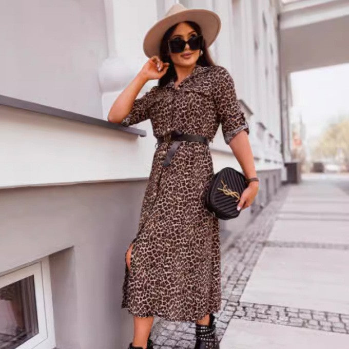 Dame Elegant Leopardmønster Skjortekjole Stilla
