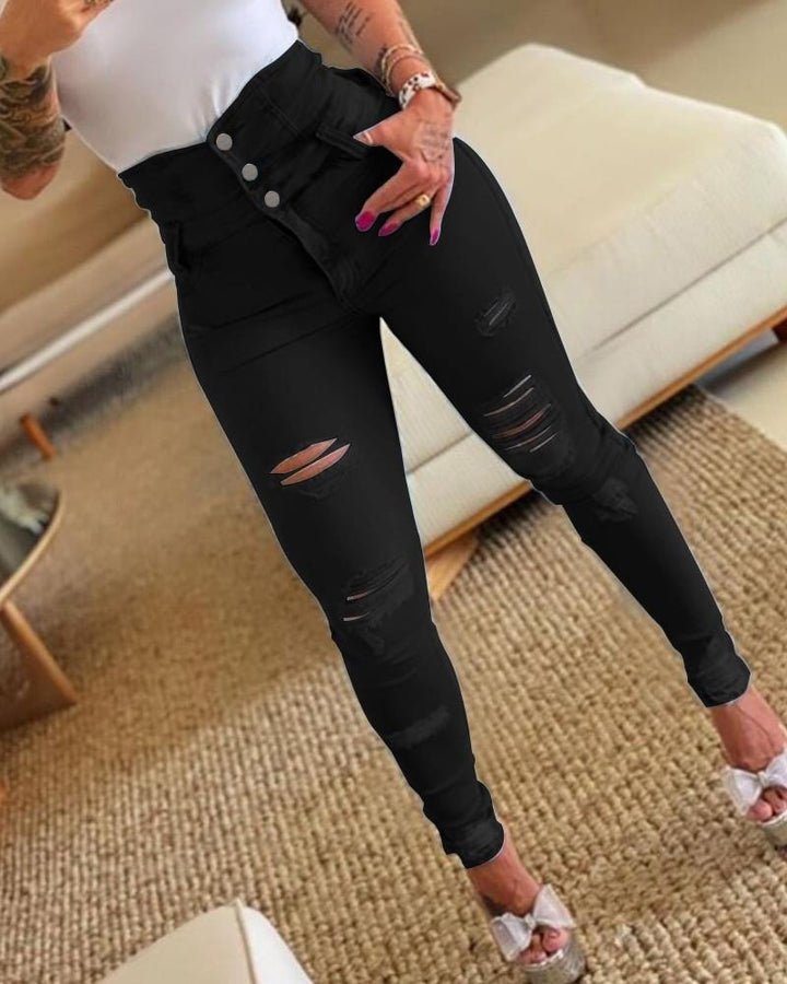Dame højtaljede skinny jeans med stilfulde ripped-detaljer Stilla