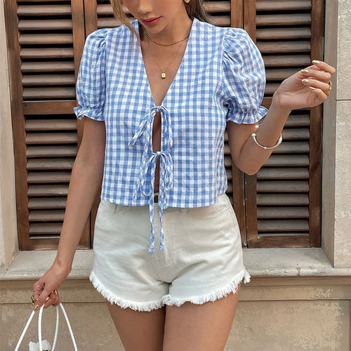 Dame Puffærmede Ternet Crop Top med Bindingsdetalje Stilla
