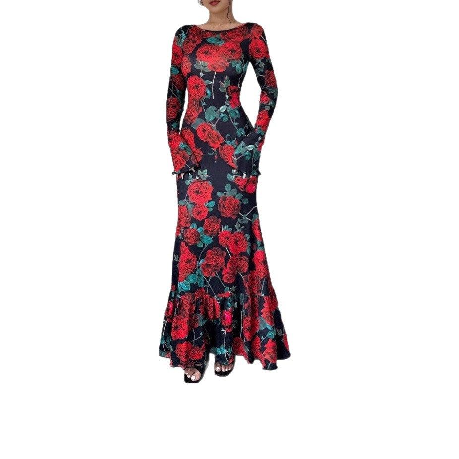 Kvinder Elegant Maxi Kjole med Blomster Rynke Detaljer og Lange Ærmer Stilla