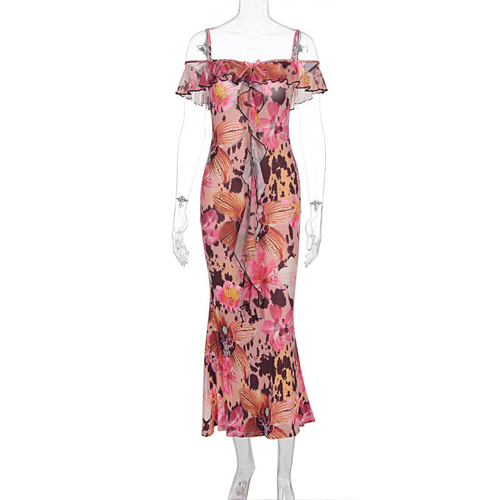 Dame Off-Shoulder Maxikjole med blomstermønster og flæse detaljer Skovae