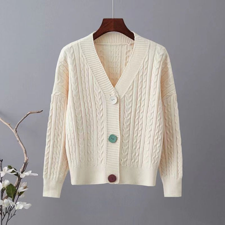 Kvinders chunky strik cardigan med V-hals og dekorative knapper Stilla