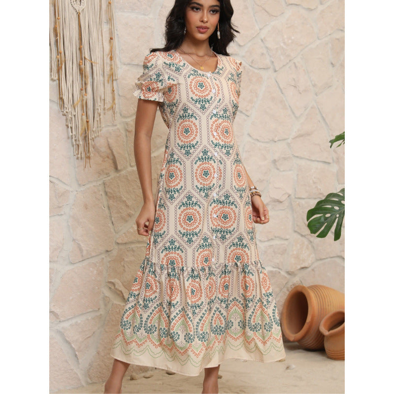 Femme Bohemian Tryk Maxi Kjole med Volangkant Stilla