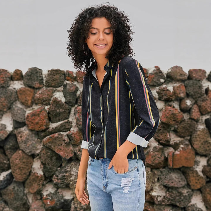 Dame stribet bluse med elegant krave og lang arm Stilla