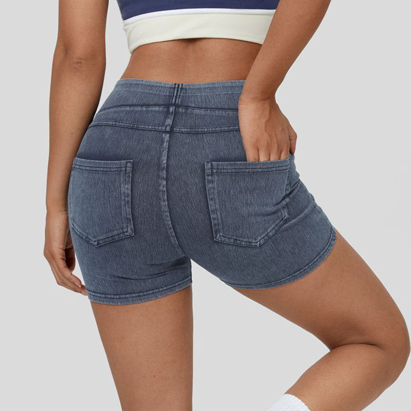 Stilla | Høj Talje Denim Yoga Shorts Stilet Komfort Til Træning & Hverdagsbrug