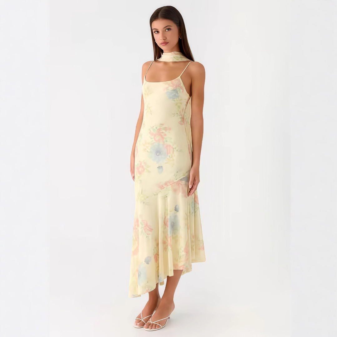 Ladies Elegant Maxi Dress with Floral Chiffon Design and Halter Neck Cut