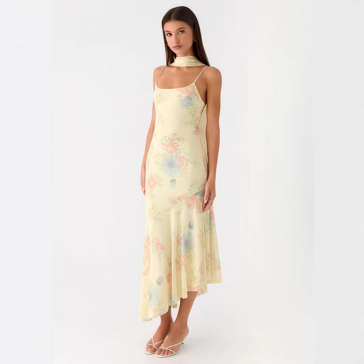 Ladies Elegant Maxi Dress with Floral Chiffon Design and Halter Neck Cut