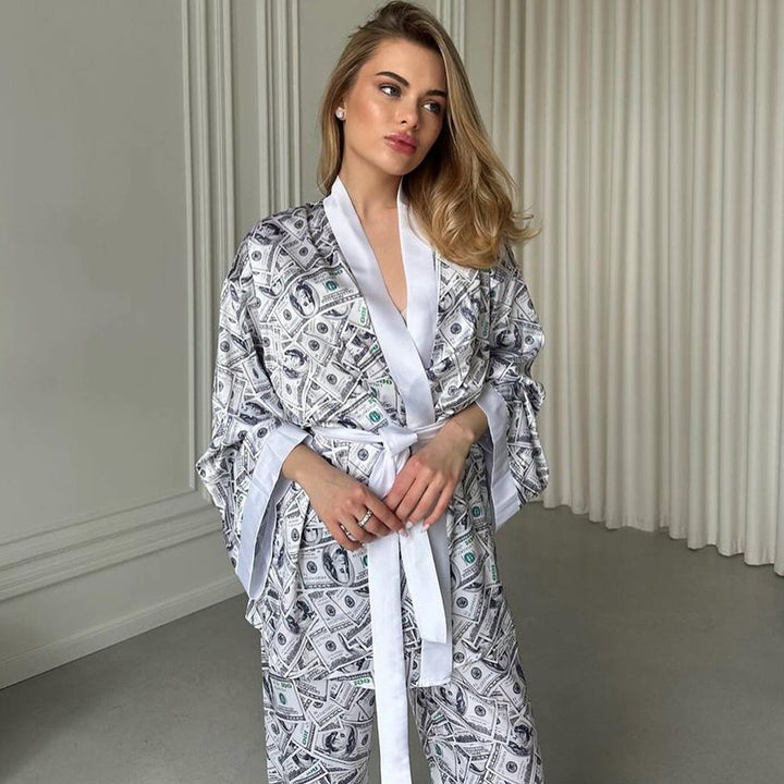 Dame Satin Morgenkåbe og Pyjamas-Sæt med Pengemotiv Stilla