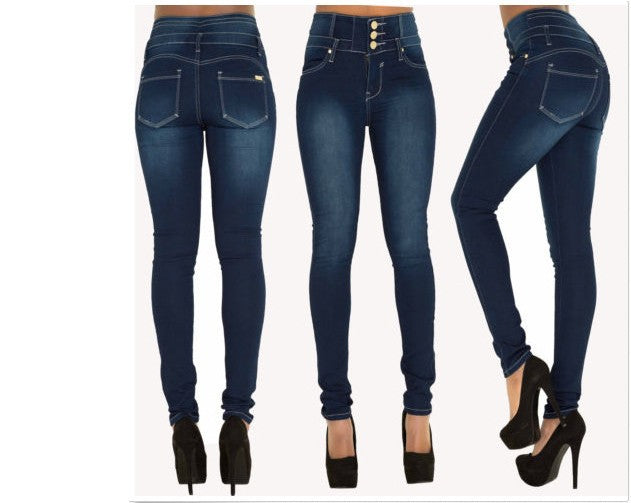 Dame højtaljede skinny jeans med dekorative knapper og samtidig figursiddende design Stilla