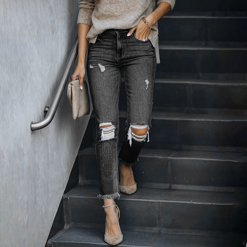 Dame Ripped Skinny Jeans med asymmetrisk kant og distressed-effekter Stilla