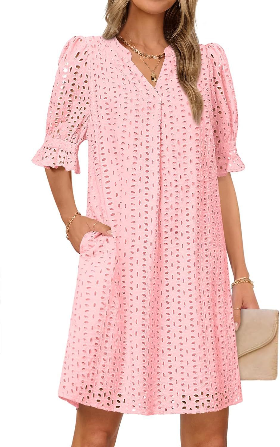 Kvinder Eyelet Midi Kjole med Puffærmer Stilla