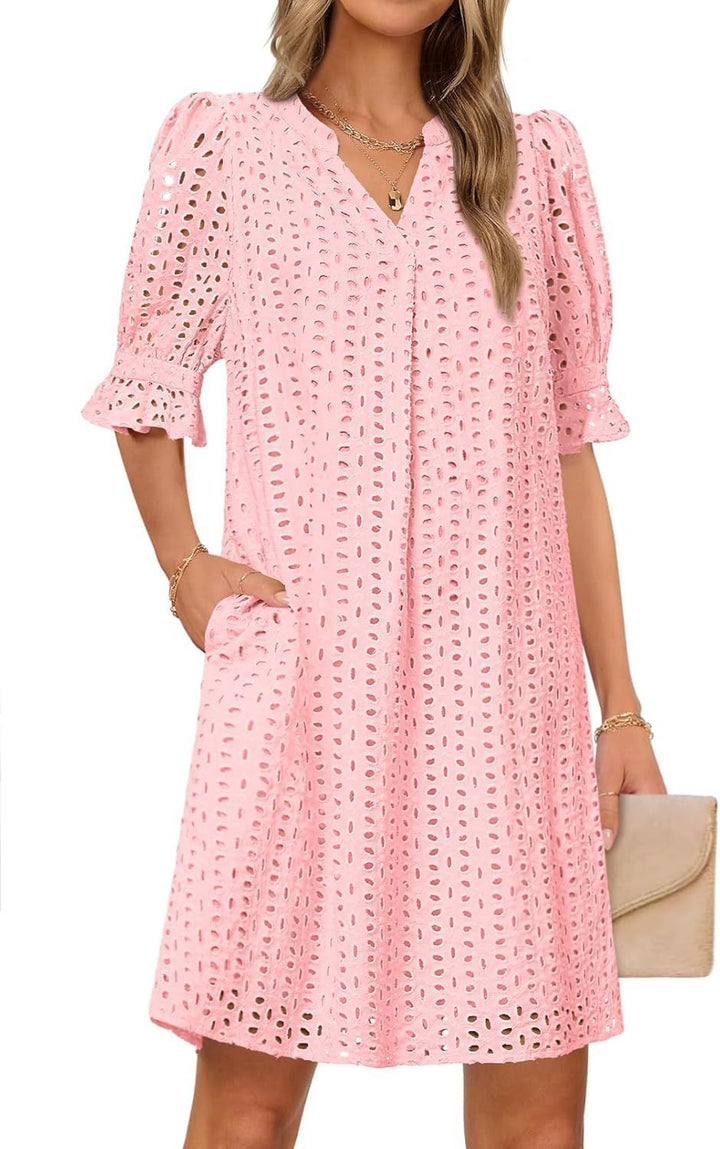 Kvinder Eyelet Midi Kjole med Puffærmer Stilla