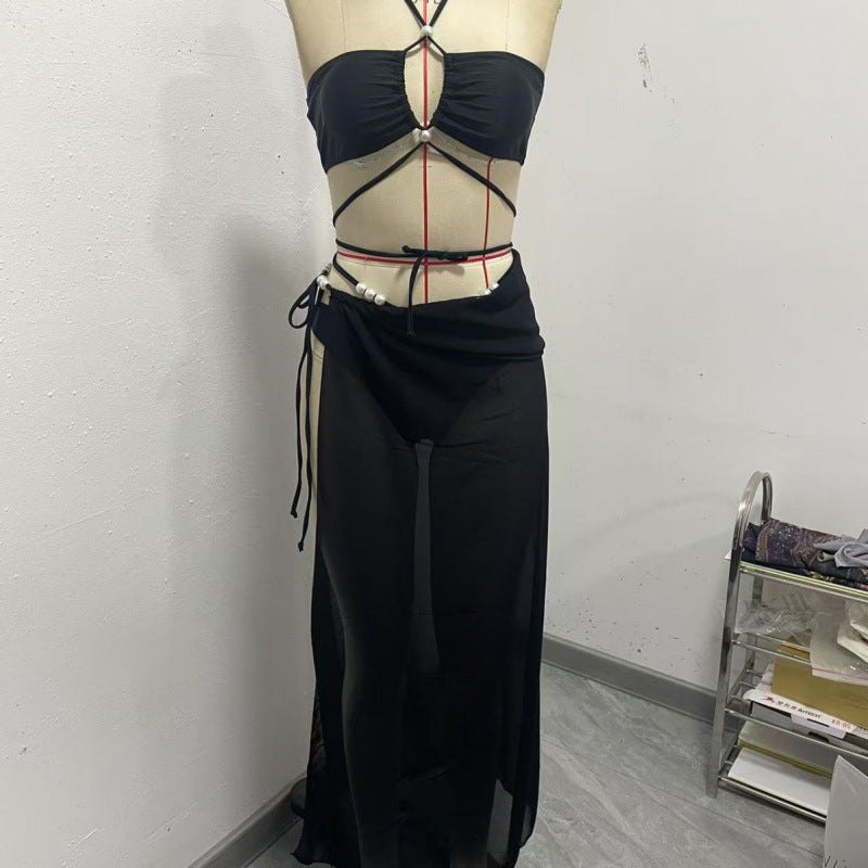 Dame bikini-sæt med fashionabel cut-out-design og elegant omslagsskjørt Skovae