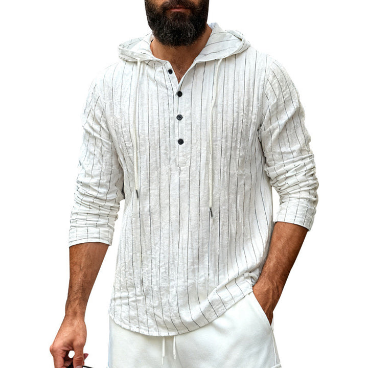 Herre nan hoodie lavet af en blanding af hør med halvs-kneppede og nålestriber Skovae