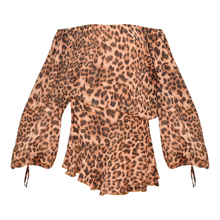 Damer Off-Shoulder Kjole med voluminøse ærmer og grafisk leopardmønster Stilla
