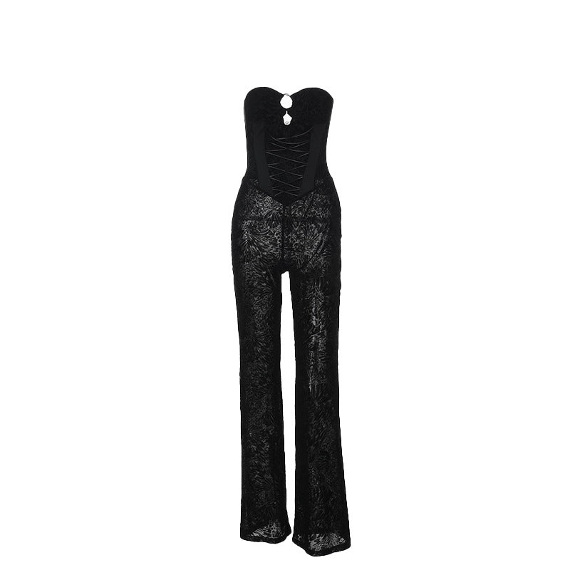 Dame elegant jumpsuit med struktureret spids og forførende udskæring Skovae