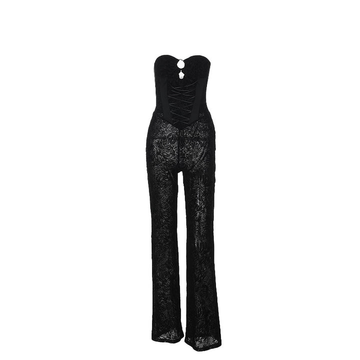 Dame elegant jumpsuit med struktureret spids og forførende udskæring Skovae