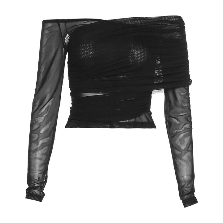 Dame Elegant Transparent Top med asymmetrisk snit og lange ærmer Stilla