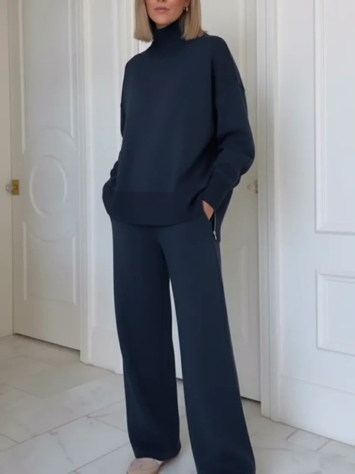 Damers Komfortable Strikket Loungewear Sæt med Højhalset Sweater og Bredskårede Bukser Stilla