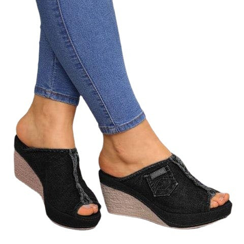 Dame Wedge-Pantoletten i jeanslignende materiale med dekorative lommer Stilla