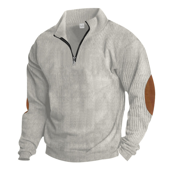 Herren nan ribbet finstrik pullover med kort lynlås ståkrave og læderlook albuepatches Skovae