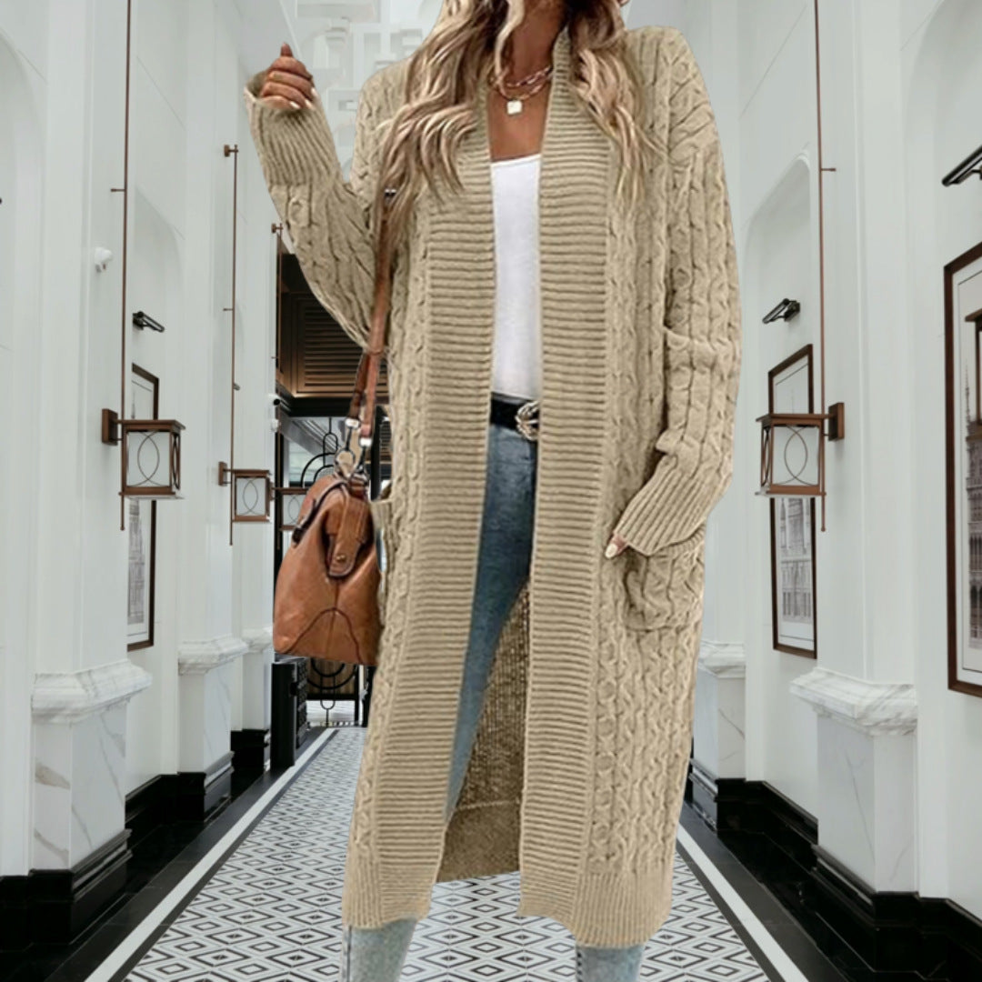 Kvinders chunky strik cardigan med åben design og praktiske lommer Stilla