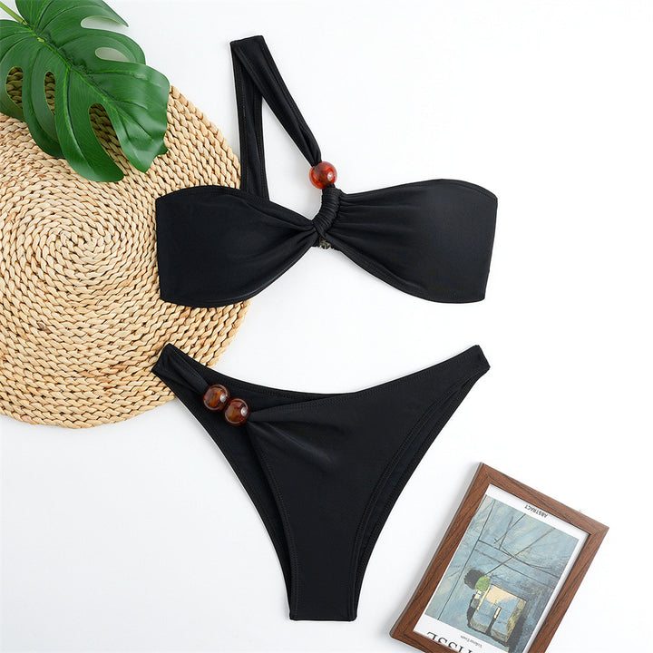 Dame Bikini-sæt med asymmetrisk Halter-neck og dekorative bukseknapper Skovae