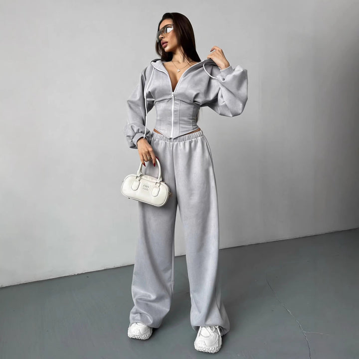 Kvinder sporty sæt af cropped hoodie jakke og brede joggingbukser med elastisk talje Skovae