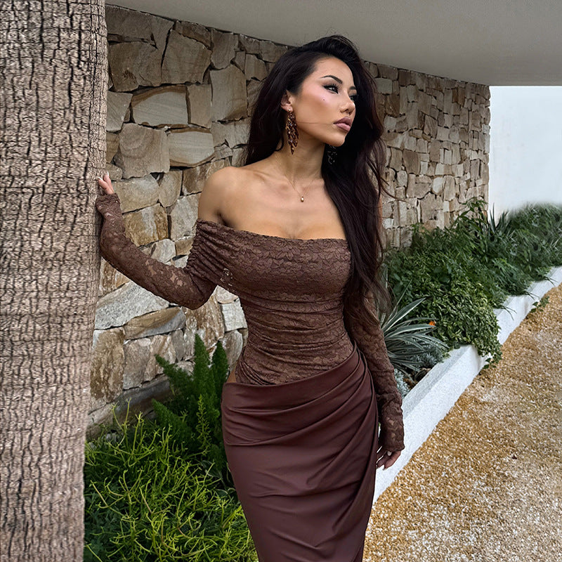 Dame elegant aften kjole med off-shoulder design og blonde ærmer Skovae