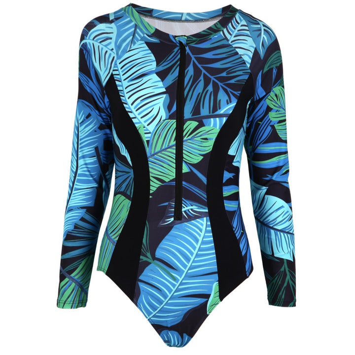 Dame Sporty Langærmet Badedragt med Lynlås og Blomsterprint Skovae