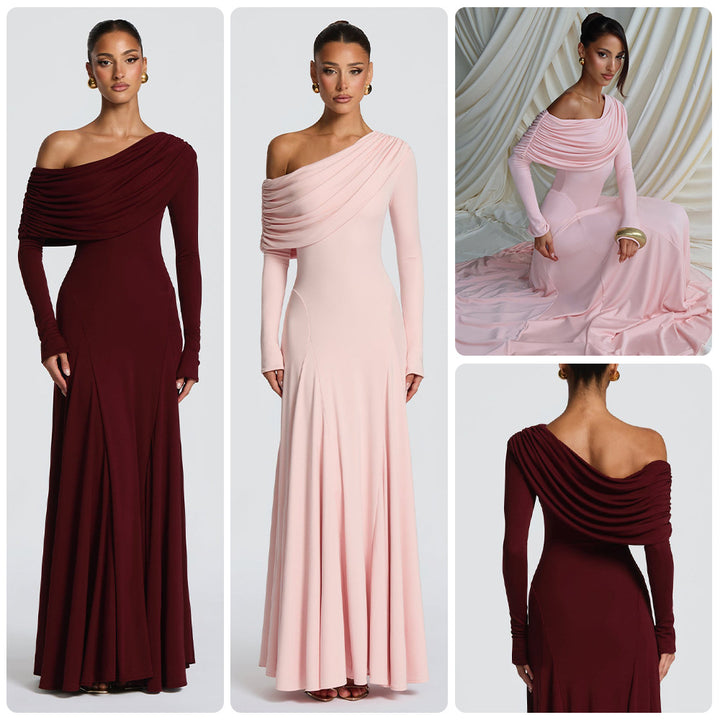 Kvinder elegante maxi kjoler med lange ærmer og asymmetrisk drapering Skovae