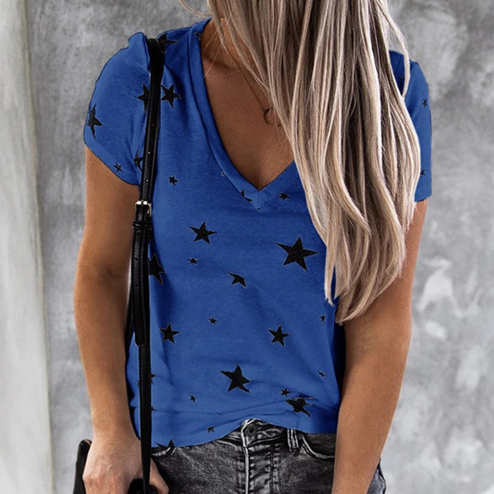 Kvinders V-Hals T-Shirt med Stjerne Motiv og Casual Snit Stilla