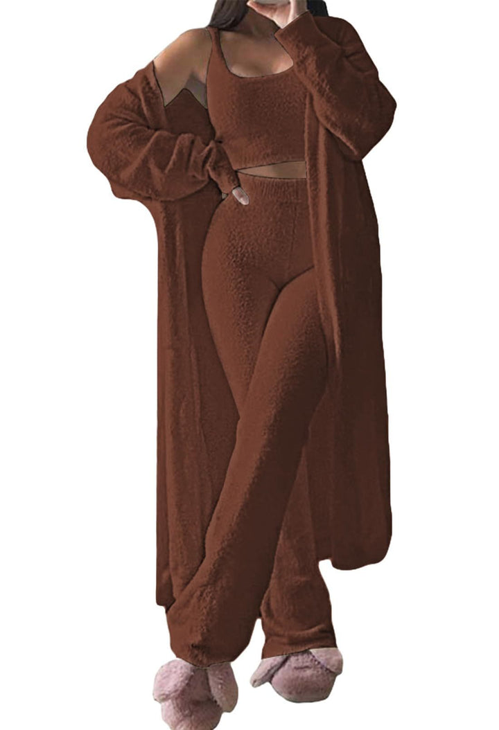 Dame komfortabel strik-loungewear-sæt med cardigan og dyb talje Stilla