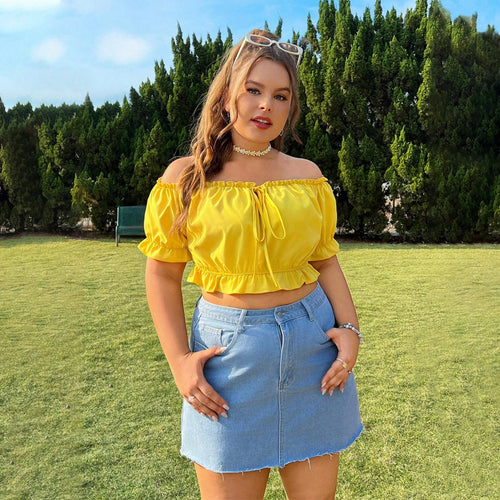 Damer Crop Bluse med elastiske puffærmer og justerbar snøre Stilla