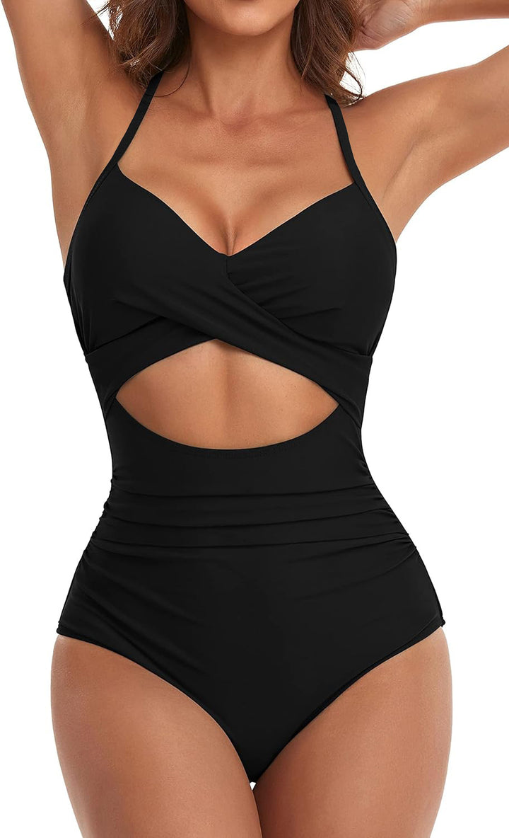 Dame Én-delt Badedragt med moderne Cut-Out og elegant Indpakningsdesign Skovae