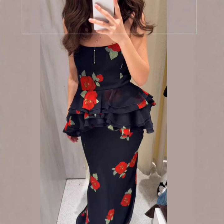 Dame maxikjole med voluminøse flæse detaljer og blomstret design Stilla