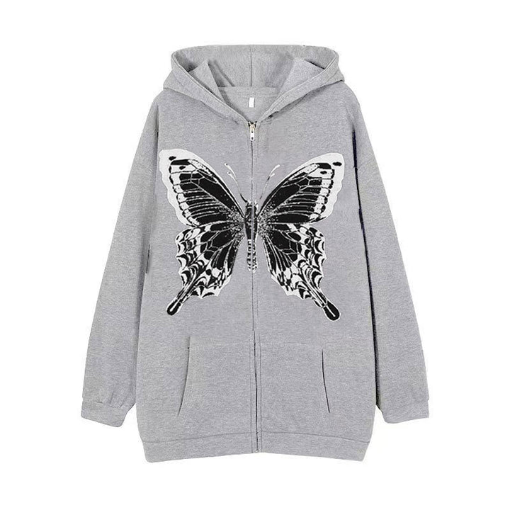 Kvinders zip hoodie med iøjnefaldende sommerfuglemotiv Skovae