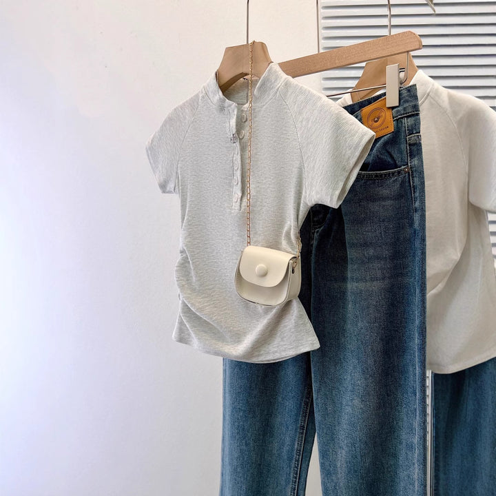 Femme Kortærmet Rynkning Henley Overdel med Knapdetalje Stilla