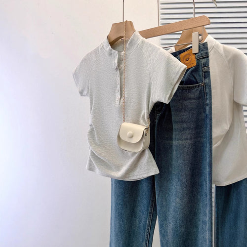 Femme Kortærmet Rynkning Henley Overdel med Knapdetalje Stilla