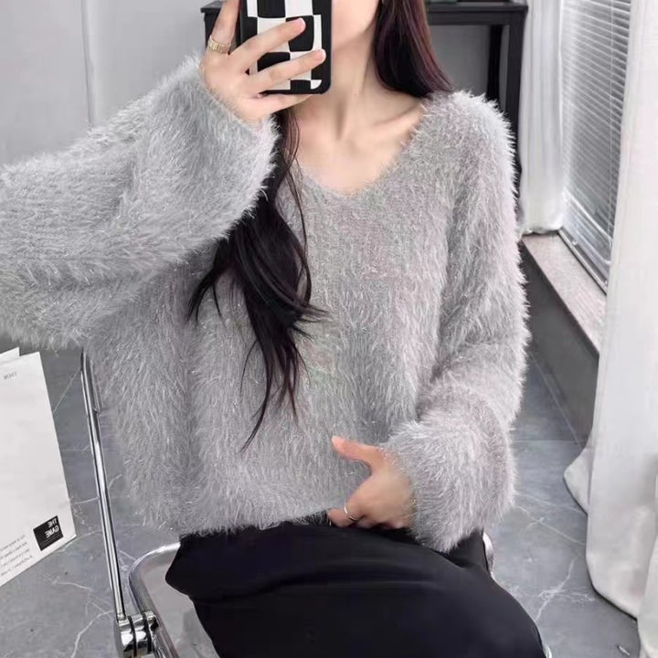 Dame hyggelig V-hals sweater med glitrende tråd Stilla