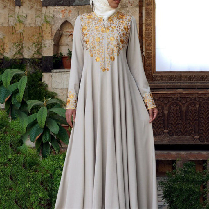 Dame Elegant Langærmet Kjole med Floral Broderi og Svingende Nederdel Stilla