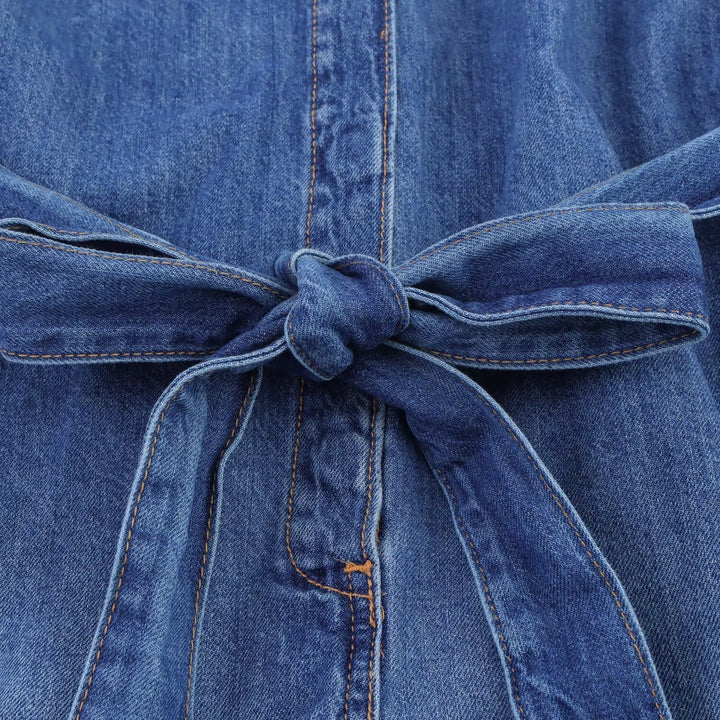 Dame jeans skjorte kjole med elegant bælte og korte ærmer Skovae