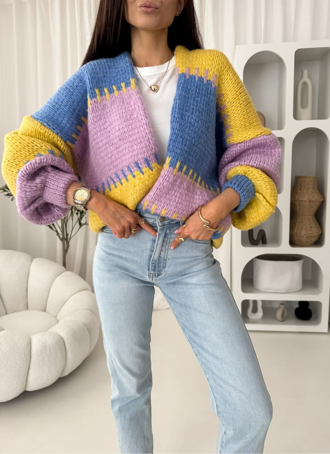 Kvinders afslappede cardigan med voluminøse ærmer og geometrisk mønster Stilla