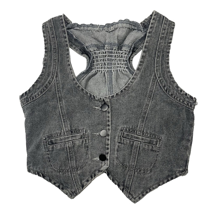 Dame Denim-vest med moderne V-udskæring og praktiske lommer Skovae