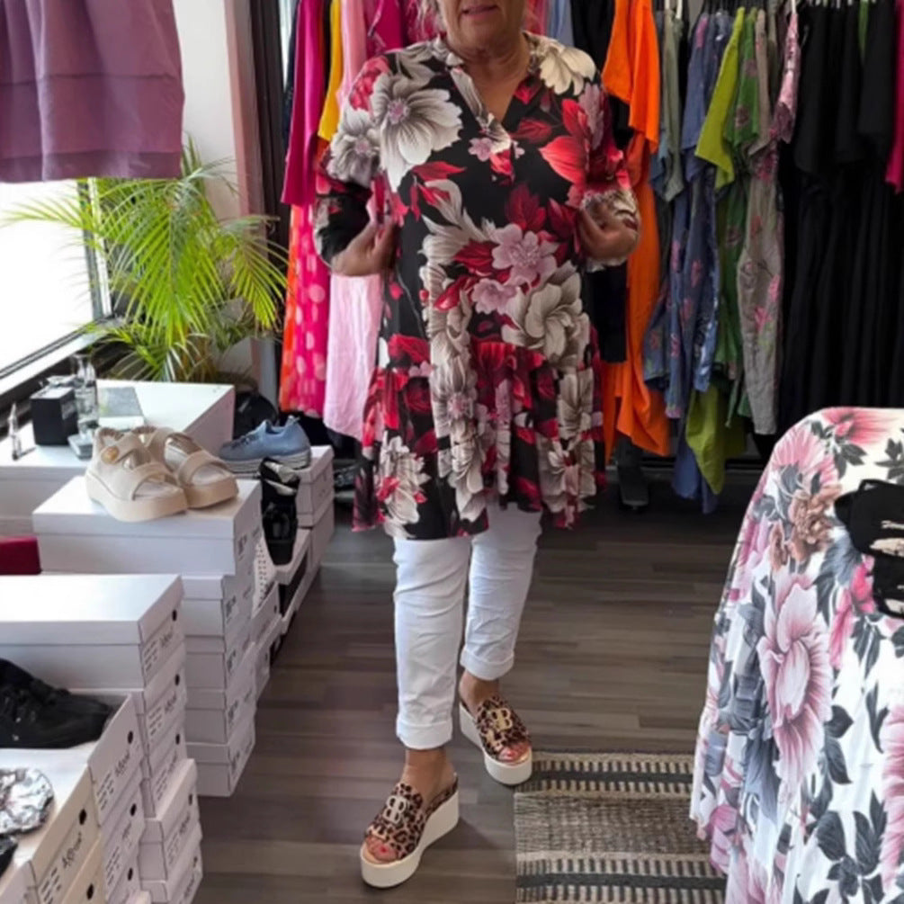 Dame nan svingende tunika-kjole i babydoll-stil med v-hals og stuf volants Skovae