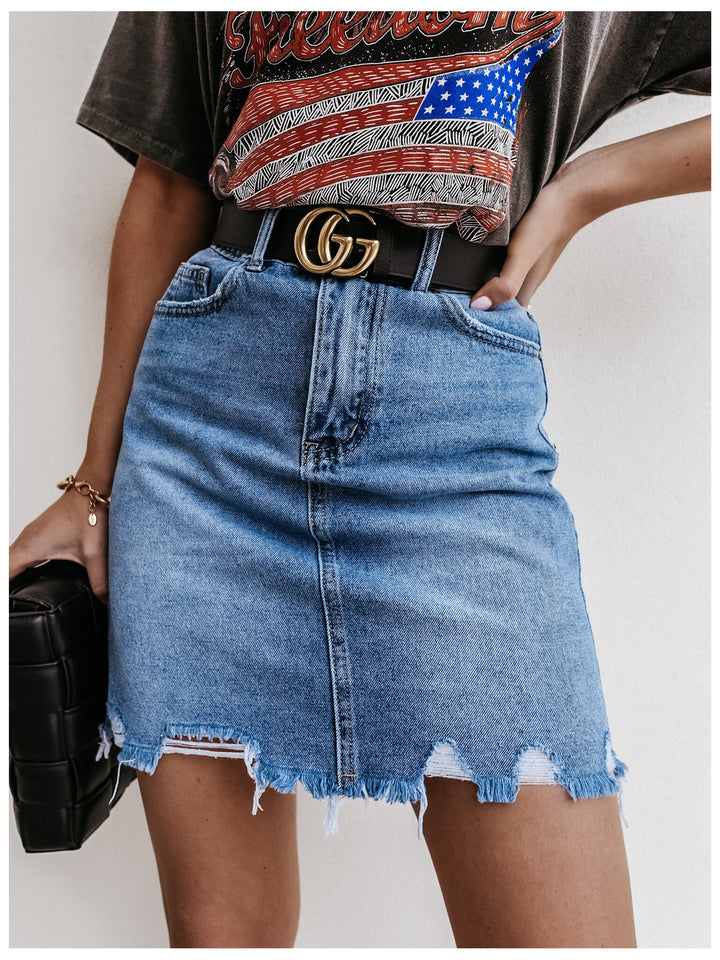 Kvindernes denim mini nederdele i vintage stil med frynset kant Stilla